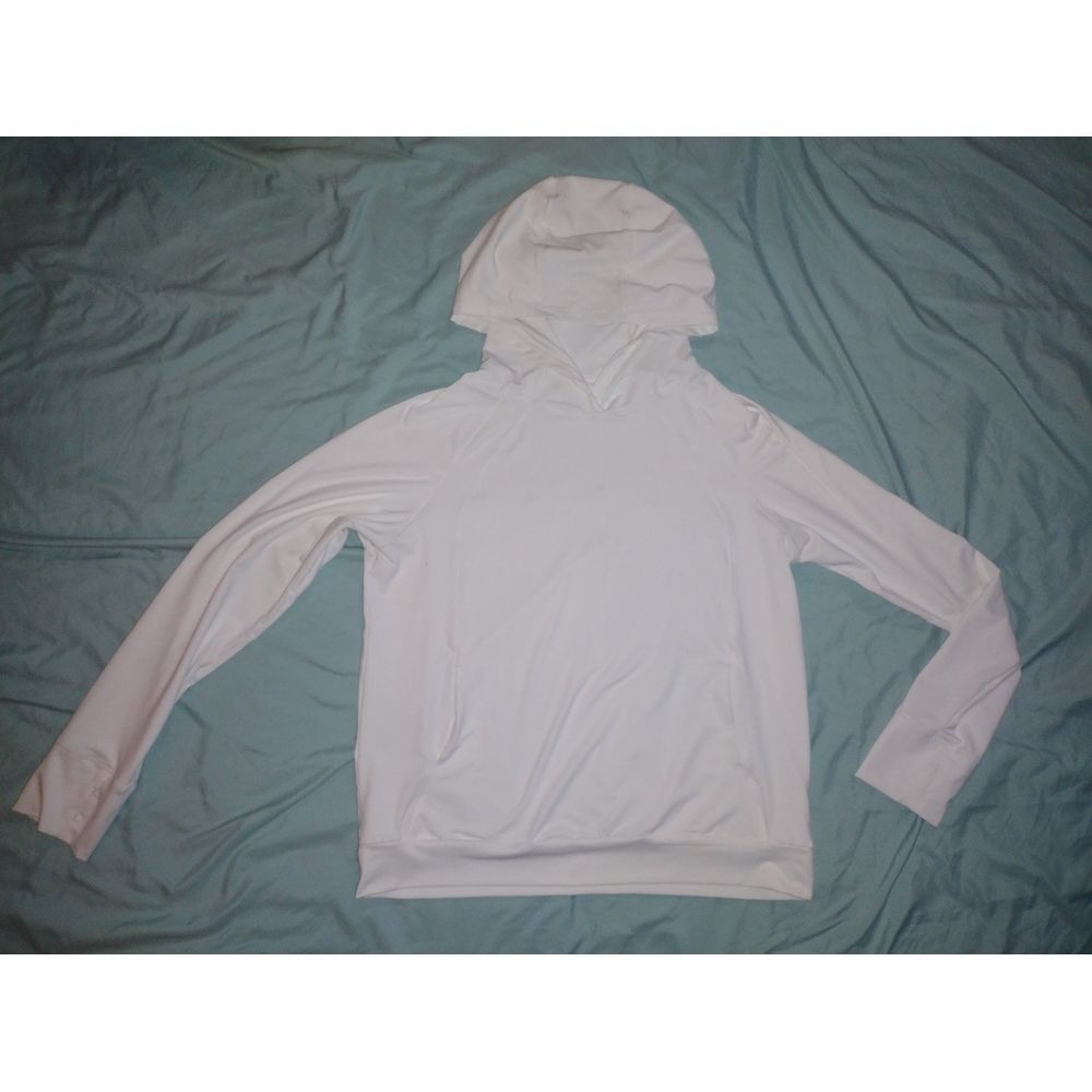 Oalka White Long Sleeve Hoodie Thumbholes Athletic Workout Top‎ Women's Size L